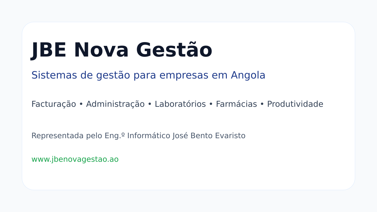Imagem institucional da JBE Nova Gestão, empresa angolana de sistemas de gestão